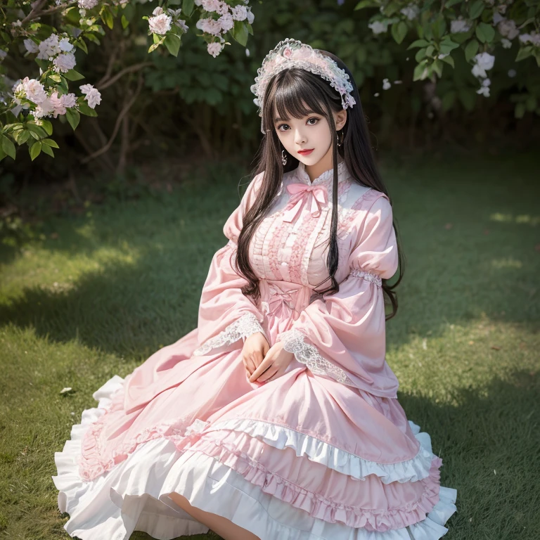 best quality, delicate face,beautiful visual work,lifelike,1 girl, eternal, black hair, Long curly hair, blunt bangs, Smile, pink skirt, pink ta dress, layered skirt, Lolityle long skirt,分層連衣裙 lace-trimmed 裙子, decorate, lace, long sleeve, puff sleeves, wide sleeves, Transparent sleeves, hair accessories, 在flower园里, flower, Detailed background, delicate face,pink blush,White knee-length socks, Pink shoes,cold,Lots of lace,((Masterpiece))、(top quality)、8K、high detail、super detailed,21 years old female,穿着pink lolita d((dreamy atmosphere:1.1))、Seductive and whimsical style、Masterpiece、born、Scenes resembling fairy tale illustrations、Intricate details showcase the ruffles and intricate designs of the Lolita dressutifully、magic、capricious、 beautifully、Dream aesthetics、「𝓡𝓸𝓶𝓪𝓷𝓽𝓲𝓬、ethereal、charming、fickle、magic」、realism、Visual effects、FXAA、SSAO、shader、voiceless、environmental lighting、Tone mapping、High resolution、ultra high definition、megapixel、(8K resolution:1.10)、8K、Below 8K、8K resolution、high detail、intricate details, (high quality:1.2、Masterpiece:1.2、:1.21)、(21 years old female:1.21)、(興奮地Smile)、(Surrounded by the dreamy atmosphere、High heel、Model diagram,full-body shot,Knee-high 白色的 lace socks,Sweet Lolita,Normal 2 ,Pink shoes,Baotou shoes,silver crown tiara,Don't show your fingers,lolita cake dress,Thnd layer skirt,Every layer has lace,The skirt has a hem,cold,huge breasts,hands on hips,Wide cuffs cover hands,