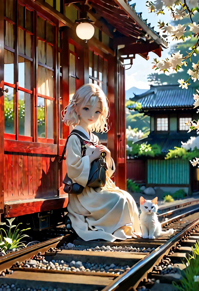 (8K、Raw photo、highest quality、look up:1.2、masterpiece:1.2、genuineistic、ultra high resolution、high contrast、photon mapping、genuine、Super detailed、official art, Raw photo、professional lighting、 light、Vivid atmosphere、twicelight) This scene is、It depicts an old wooden train station in the countryside exposed to the morning sun in spring.。The station building seems to have been forgotten, giving a sense of nostalgia.、There is silence and calm。 On the station platform、There is a girl and a white kitten。The white kitten sits under the door with the clock、Watching over the station premises。This scene is、Reminiscent of a rural Japanese town、The atmosphere is tranquil, as if it were located near a Japanese shrine.。 The girl&#39;s expression is young.々work、Delicate、I am embarking on a new journey amidst a station building and scenery that remind me of nostalgic memories.。A white kitten watches over the premises like a stationmaster.、It seems like they are celebrating the girl&#39;s departure to a new stage.。 This scene is、The beautiful scenery and tranquil atmosphere of the Japanese countryside are combined.、It will give the viewer a sense of comfort and warmth.