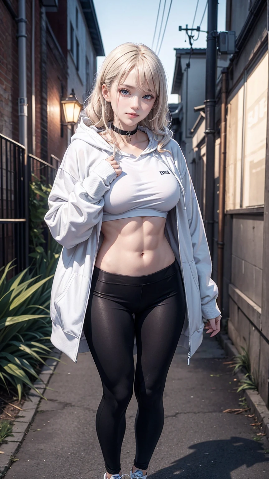 23 year old white female、platinum blonde、blue eyes、long hair、my hair is wavy、accessories on the wrist、wearing a choker、smile、Navel is coming out、big breasty abs are cracked、slim muscular body、I don't want my head to disappear from the screen.、I'm in a back alley in a downtown area at night、wearing a hoodie and covering the hood、Look at me while hiding your face with the hood、I'm wearing leggings、standing sideways、I'm punching my chest、shiny skin、I'm wearing headphones、wear sneakers