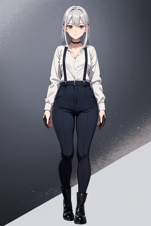 anime picture、Full body portrait、Wearing work clothes with suspenders、A woman around 30 years old, about 165cm tall.、medium silver hair、flat chest、No expression、gloves、boots、Thick choker