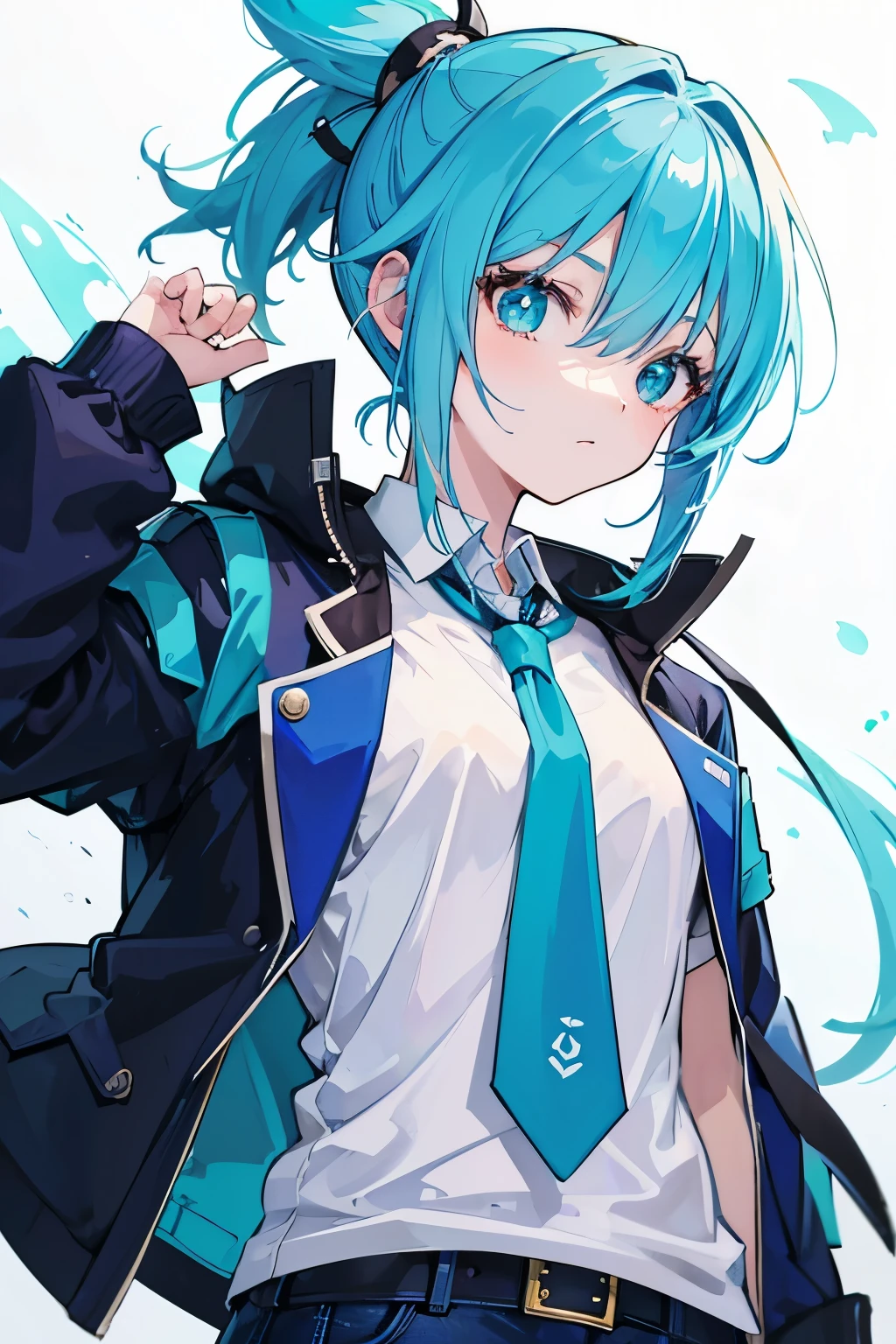 Drawing of a girl with blue hair and a blue jacket, rimuru, 2 d anime style, profile shot of rimuru tempest, rimuru tempest, 2 D Anime, Fubuki, full face shot of rimuru tempest, short hair, Anime girl with teal hair, 2d art, 2 d art, Ponytail Girl, Blue tie, White shirt, Indigo Jacket, Brown belt at waist,she wear blue jeans.