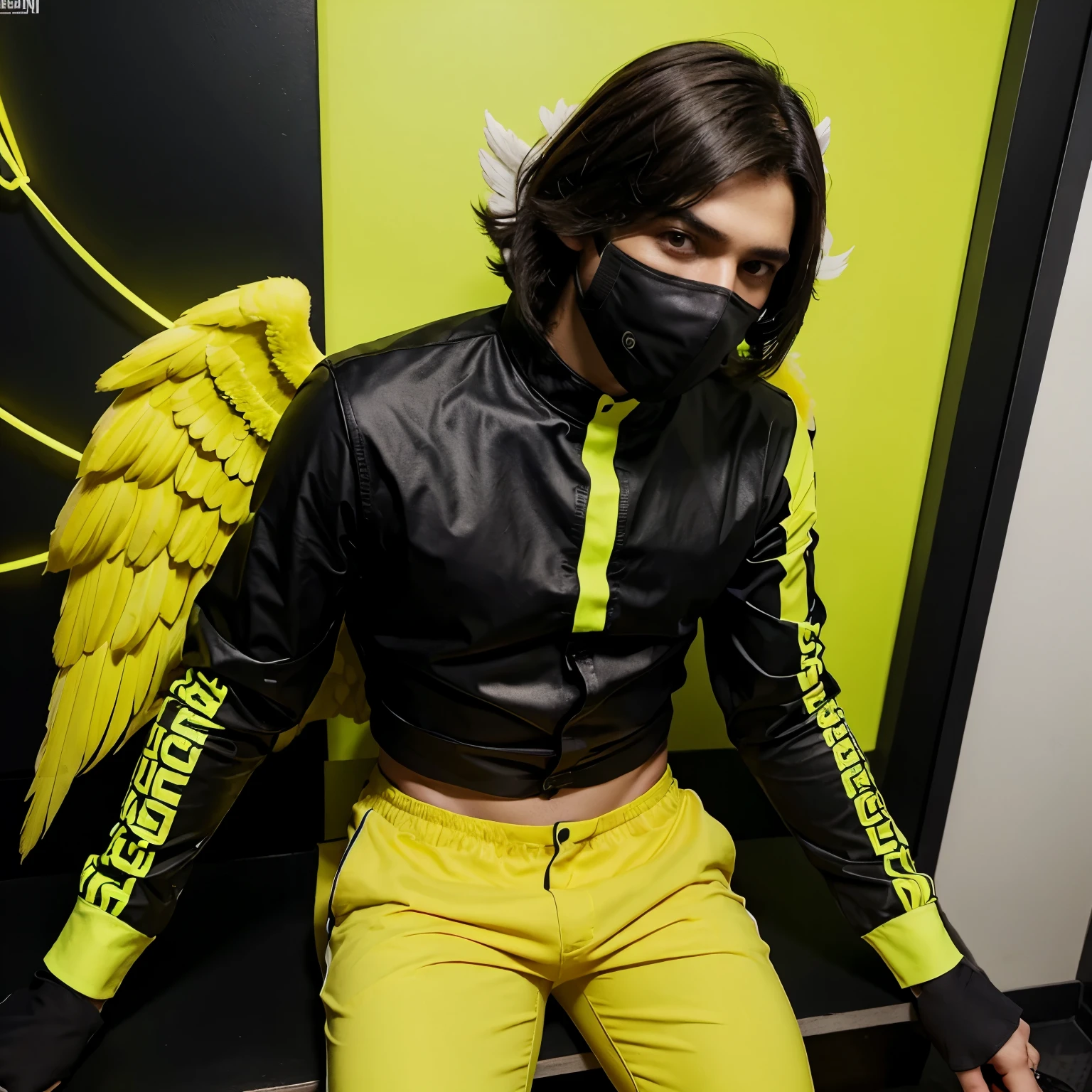 personagens masculino estilo gamer free fire , com bone preto , neon green mask black long sleeve blouse and yellow angelic pants