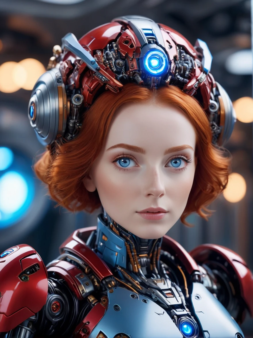 full_body, red head 1woman [ELizabeth II:Maude Adams:0.45], detailed face, mecha, glowing blue eyes, cute, biomechanical, complex robot, interior spaceship background in bokeh, shallow depth of field, hyper realistic, hyper detailed, intricate, insane fine details, crisp focus 
