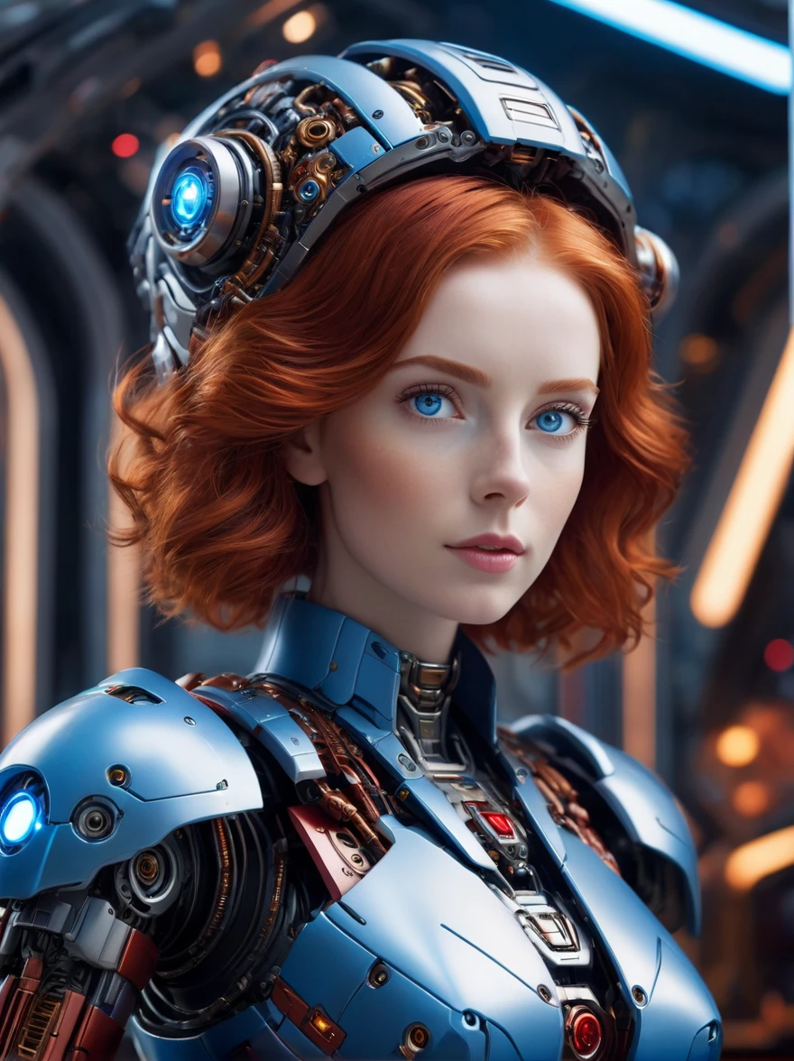 full_body, red head 1woman [ELizabeth II:Maude Adams:0.45], detailed face, mecha, glowing blue eyes, cute, biomechanical, complex robot, interior spaceship background in bokeh, shallow depth of field, hyper realistic, hyper detailed, intricate, insane fine details, crisp focus 