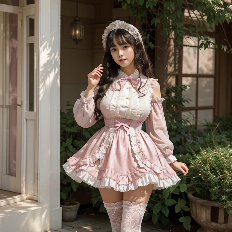best quality, delicate face，beautiful visual work,lifelike，1 girl, eternal, black hair, Long curly hair, blunt bangs, Smile, pink skirt, pink lolita dress, layered skirt, Lolita style long skirt,分層連衣裙 lace-trimmed 裙子, decorate, lace, long sleeve, puff sleeves, wide sleeves, Transparent sleeves, hair accessories, 在flower园里, flower, Detailed background,  delicate face，pink blush，White knee-length socks, Pink shoes，cold，Lots of lace，((​Masterpiece))、(top quality)、8K、high detail、super detailed，21 years old female，穿着pink lolita dress((dreamy atmosphere:1.1))、Seductive and whimsical style、​Masterpiece、born、Scenes resembling fairy tale illustrations、Intricate details showcase the ruffles and intricate designs of the Lolita dress、beautifully、magic、capricious、 beautifully、Dream aesthetics、「𝓡𝓸𝓶𝓪𝓷𝓽𝓲𝓬、ethereal、charming、fickle、magic」、realism、Visual effects、FXAA、SSAO、shader、voiceless、environmental lighting、Tone mapping、High resolution、ultra high definition、megapixel、(8K resolution:1.10)、8K、Below 8K、8K resolution、high detail、intricate details， (high quality:1.2、​Masterpiece:1.2、:1.21)、(21 years old female:1.21)、(興奮地Smile)、(Surrounded by the dreamy atmosphere、High heel、Model diagram，full-body shot，Knee-high 白色的 lace socks,Sweet Lolita，Normal 2 feet，Pink shoes，Baotou shoes，silver crown tiara，Don't show your fingers，lolita cake dress，Thousand layer skirt，Every layer has lace，The skirt has a hem，cold，huge breasts，hands on hips，Wide cuffs cover hands，