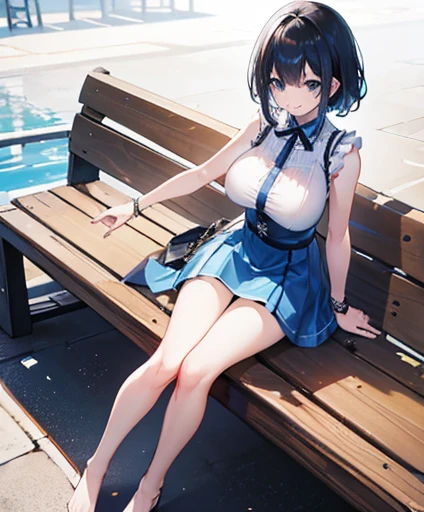 highest quality、(figure:black hair、blue eyes、big breasts、girl、smile)、(hairstyle:medium short、shaggy、asymmetry)(clothing:white sleeveless y-shirt、open collar、Light blue flared skirt、Leather bracelet on arm)、(place:spring park)、(angle:dynamic　、look up from below、full body portrait)、Pause:(sitting on a wooden bench、)