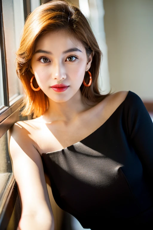 Beautiful Vietnamese woman with ivory white skin, overweight breasts, deep cleavage, flawless rosy complexion, 18 years old, jet black eyes, coppery orange hair, elegant, seductive eyes , voluptuous, almond-shaped eyes, arched eyebrows, triangle face, upturned nose, prominent cheekbones, plum gloss lipstick, bright smile, ruby pendant, ruby earrings, red linen blazer, low cut white silk blouse, khaki skirt, 8k, professional photo, detail, luxury, high fashion, portrait, vibrant colors, romantic lighting, dark eyes, sparkling sunlight