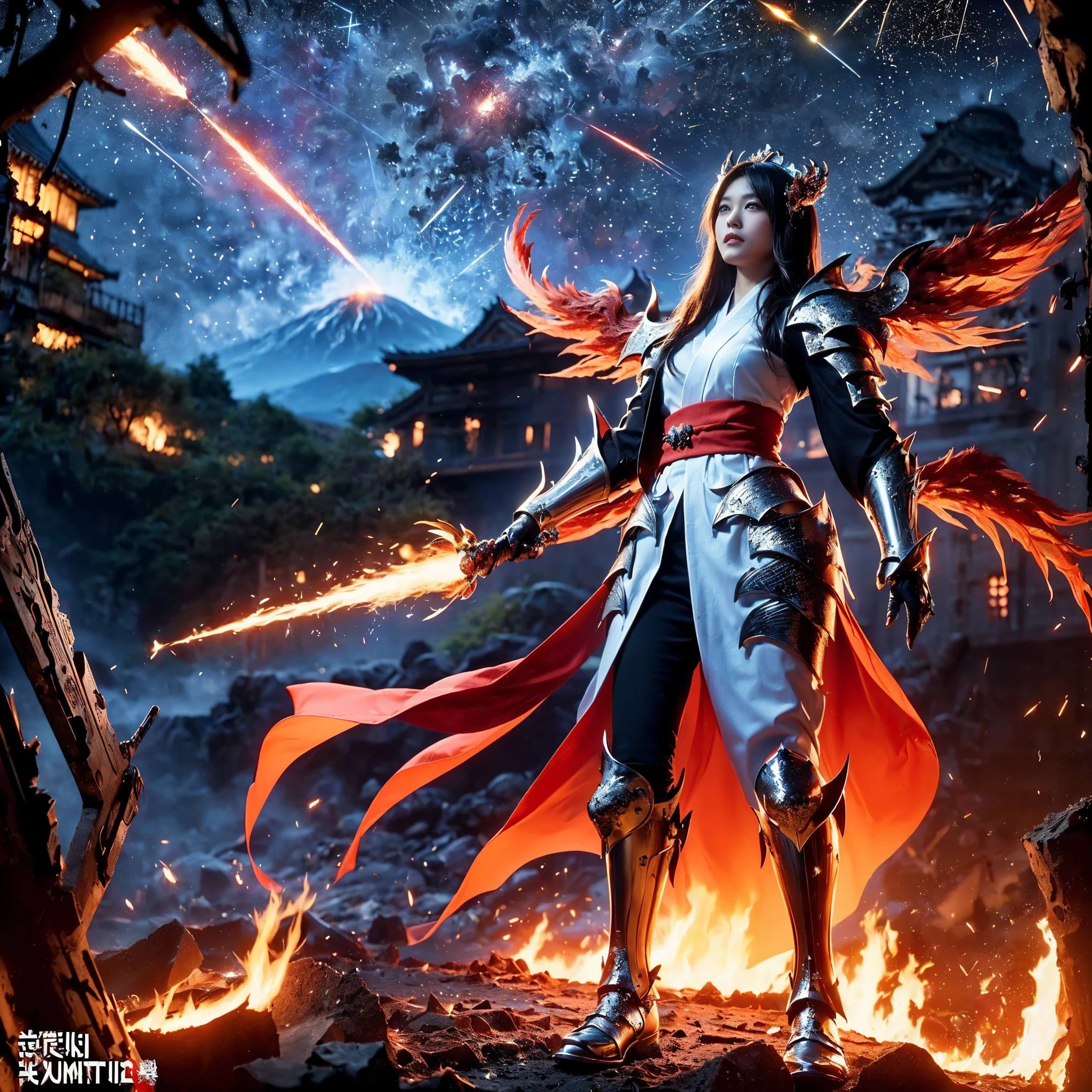 (((Realistic, masterpiece, best quality, crisp detail, high definition, high detail, very rich detail, sharp focus, sharp detail, colorful, rich color, perfect studio lightning))), ((20 years old, japanese goddess of hell, kasumi arimura)),(((in the middle of war, epic war scene))), wearing (((beautiful decorated golden heavy armor, phoenix armor, phoenix tails, decorated full body armor, fully armored beautiful kimono, wide colorful phoenix wings, blue aura))), (flying, floating, air attack stance, burning hands, holding fantasy weapon, blood scattered face, blood tears, blood bath, blood shed), (((fire everywhere, blood everywhere, death everywhere, japan bakumatsu period, dead bodies,carcass,burned japanese castle,hellish,chaos, hell fire, infernal molten lava land, erupting volcano, meteor shower)) burned traditional village background), shot from below
