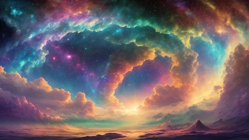 Infinite shining clouds appear in the scene of a contemplative thinker, creating an unimaginable and magnificent atmosphere. The clouds form fractal nebula-like patterns, resembling cosmic entities suspended in the sky. The entire scene is dynamic and vibrant, with swirling and rotating elements. The contrast is high, enhancing the surreal and symbolic nature of the artwork. The colors are saturated, creating a rich and colorful palette. The overall lighting is mysterious and mystical, adding to the sense of wonder and magic. The image quality is of the highest standard, with ultra-detailed and realistic rendering. It is a masterpiece that showcases the beauty and awe-inspiring nature of the universe.
