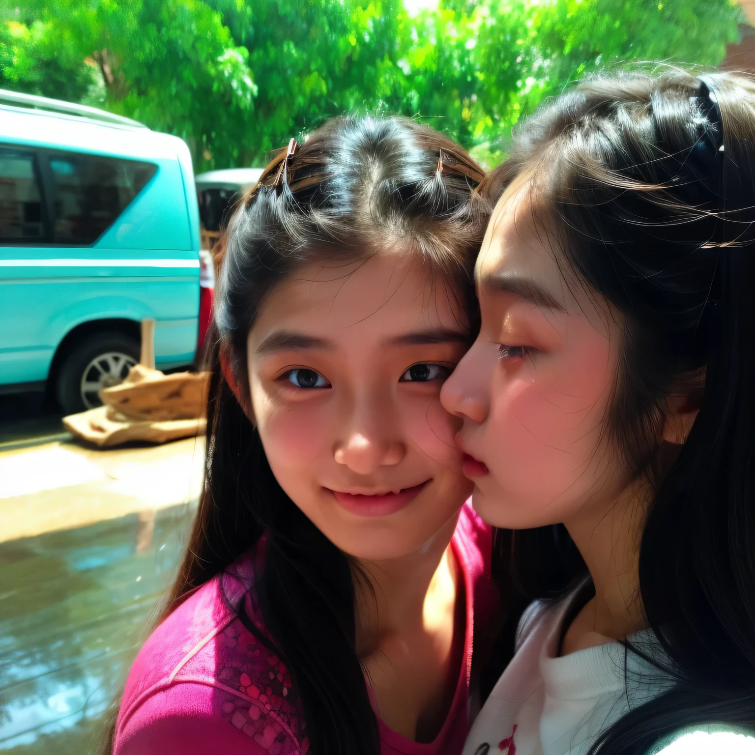 Identical twin sisters, , bangs, crying face