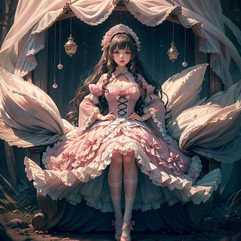 best quality, delicate face,beautiful visual work,lifelike,1 girl, eternal, black hair, Long curly hair, blunt bangs, Smile, pink skirt, pink ta dress, layered skirt, Lolityle long skirt,分層連衣裙 lace-trimmed 裙子, decorate, lace, long sleeve, puff sleeves, wide sleeves, Transparent sleeves, hair accessories, 在flower园里, flower, Detailed background, delicate face,pink blush,White knee-length socks, Pink shoes,cold,Lots of lace,((Masterpiece))、(top quality)、8K、high detail、super detailed,21 years old female,穿着pink lolita d((dreamy atmosphere:1.1))、Seductive and whimsical style、Masterpiece、born、Scenes resembling fairy tale illustrations、Intricate details showcase the ruffles and intricate designs of the Lolita dressutifully、magic、capricious、 beautifully、Dream aesthetics、「𝓡𝓸𝓶𝓪𝓷𝓽𝓲𝓬、ethereal、charming、fickle、magic」、realism、Visual effects、FXAA、SSAO、shader、voiceless、environmental lighting、Tone mapping、High resolution、ultra high definition、megapixel、(8K resolution:1.10)、8K、Below 8K、8K resolution、high detail、intricate details, (high quality:1.2、Masterpiece:1.2、:1.21)、(21 years old female:1.21)、(興奮地Smile)、(Surrounded by the dreamy atmosphere、High heel、Model diagram,full-body shot,Knee-high 白色的 lace socks,Sweet Lolita,Normal 2 ,Pink shoes,Baotou shoes,silver crown tiara,Don't show your fingers,lolita cake dress,Thnd layer skirt,Every layer has lace,The skirt has a hem,cold,huge breasts,hands on hips,Wide cuffs cover hands,