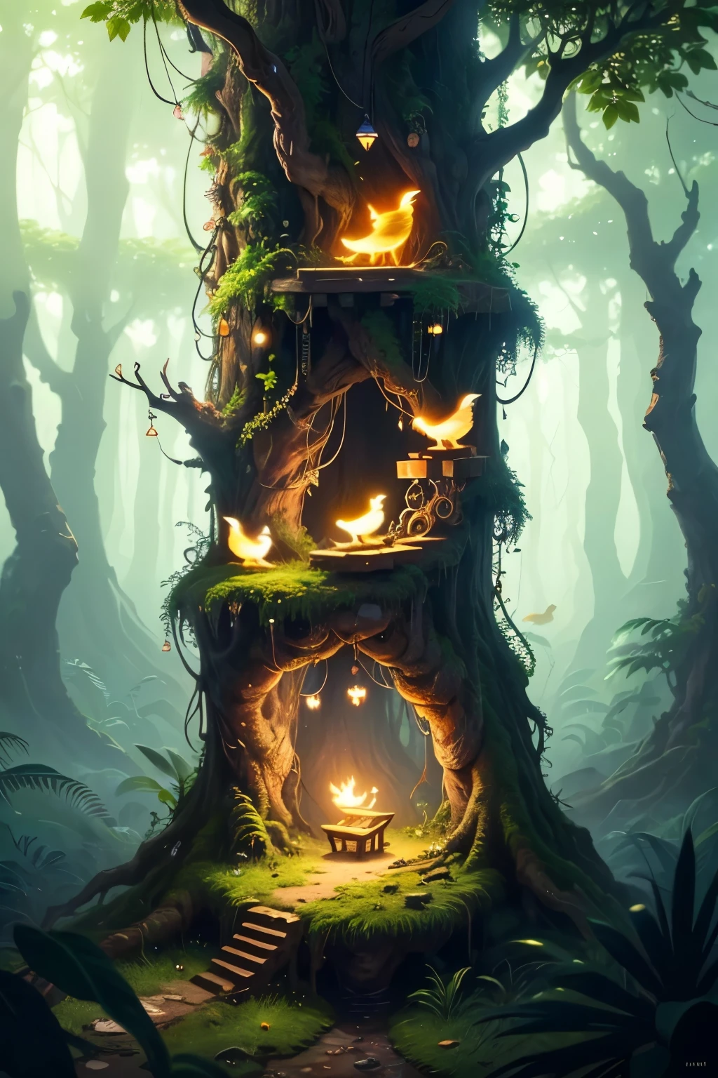((best quality)), ((masterpiece)), (detailed), Dark Jungle with Little Light Glow Animals Flying on Trees