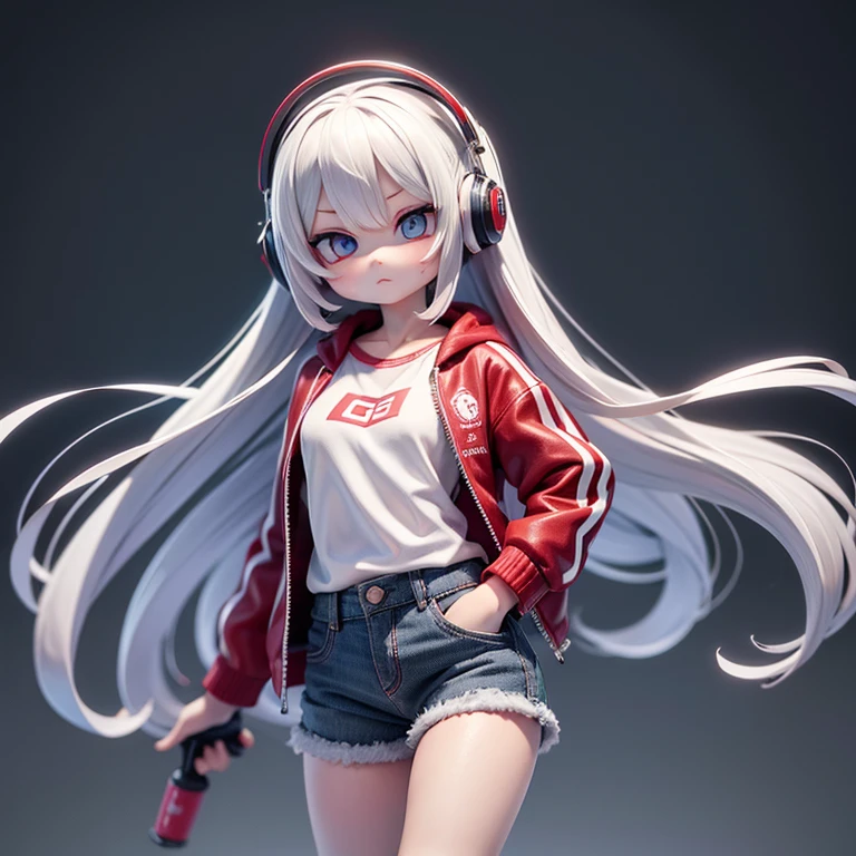 A girl with white hair, red headphones, blue eyes in a white T-shirt and a gray windbreaker, gray shorts and black gloves
