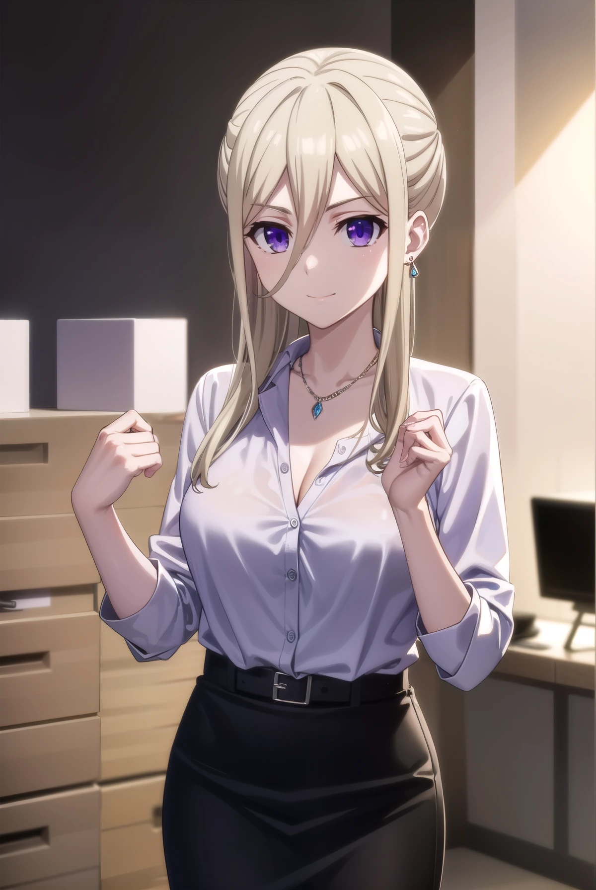 ellenmiramathers, ellen mira mathers formal, long hair, blonde hair, (purple eyes:1.1), alluring smile, jewelry, g cup breast, slender waist, bewitched thighs, cleavage, earrings, necklace, formal, shirt, white shirt, office shirt, see through shirt, undergarments, skirt, pencil skirt, black skirt, pantyhose, seducing pose
BREAK ,
BREAK indoors, office,
BREAK looking at viewer, (cowboy shot:1.5),
BREAK (masterpiece:1.2), best quality, high resolution, unity 8k wallpaper, (illustration:0.8), (beautiful detailed eyes:1.6), extremely detailed face, perfect lighting, extremely detailed CG, (perfect hands, perfect anatomy),