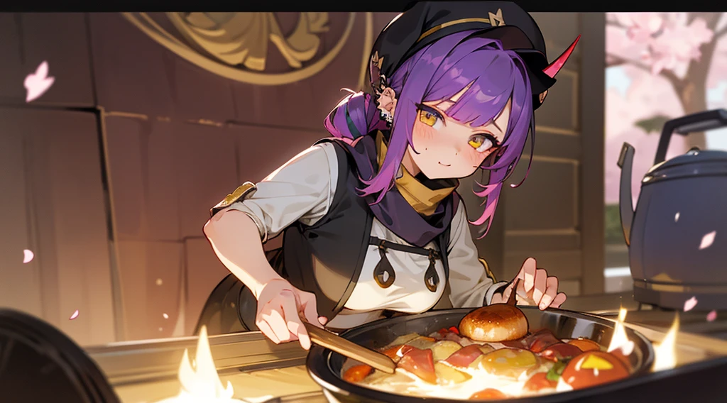 girl、Inner color mesh purple、two tone hairstyle、Scarf、Thunder properties、golden eyes、evil eye、horn、My eyes are sparkling、ear piercing、bellflower flower、belly button、ingredientake a meal、camper、Spring Cap、camp、Cherry Blossom、nature、bonfire、Meat potato、sunny、frying pan、pot、toast、oven