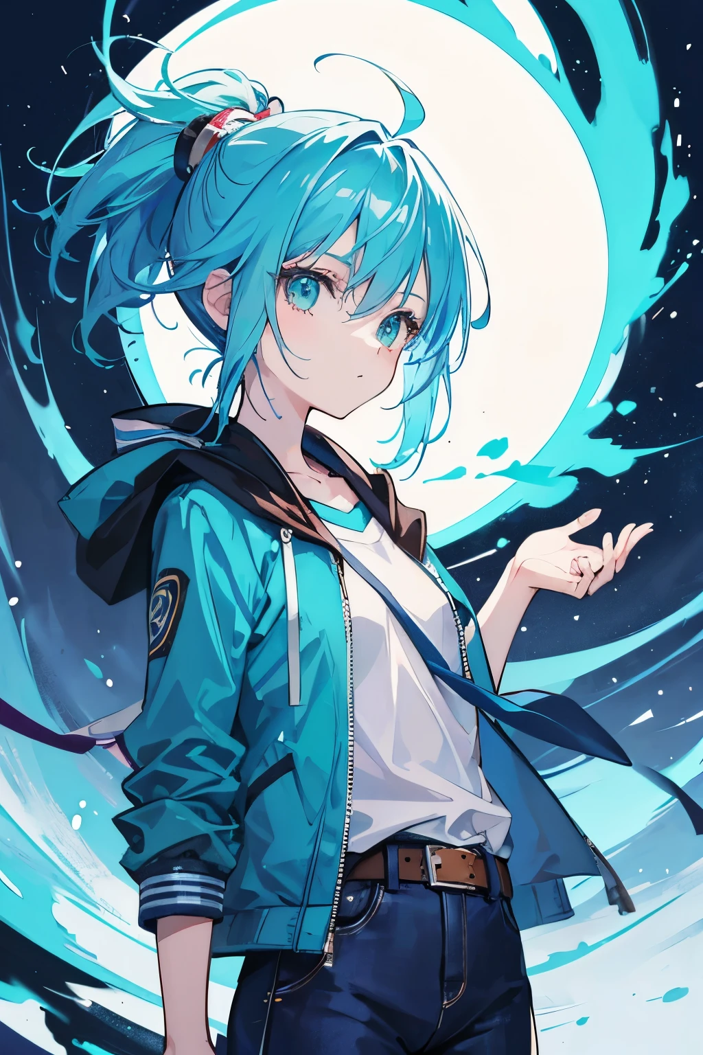 Drawing of a girl with blue hair and a blue jacket, rimuru, 2 d anime style, profile shot of rimuru tempest, rimuru tempest, 2 D Anime, Fubuki, full face shot of rimuru tempest, short hair, Anime girl with teal hair, 2d art, 2 d art, Ponytail Girl, Blue tie, White shirt, Indigo Jacket, Brown belt at waist,she wear blue jeans.