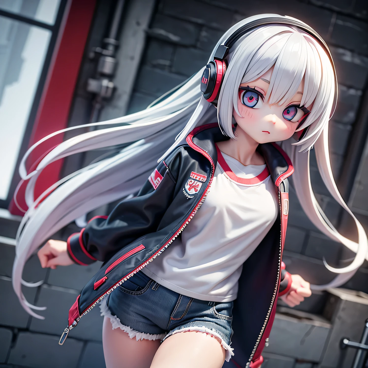 A girl with white hair, red headphones, blue eyes in a white T-shirt and a gray windbreaker, gray shorts and black gloves