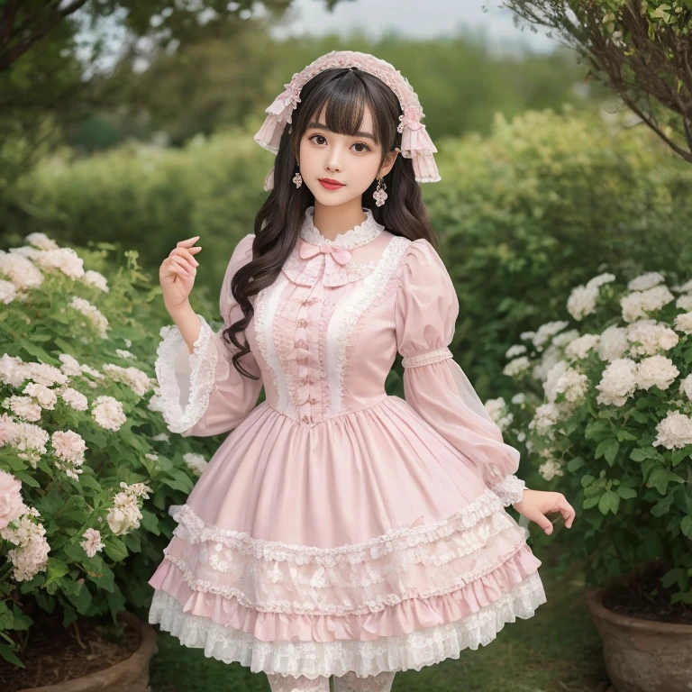 best quality, delicate face，beautiful visual work,lifelike，1 girl, eternal, black hair, Long curly hair, blunt bangs, Smile, pink skirt, pink lolita dress, layered skirt, Lolita style long skirt,分層連衣裙 lace-trimmed 裙子, decorate, lace, long sleeve, puff sleeves, wide sleeves, Transparent sleeves, hair accessories, 在flower园里, flower, Detailed background,  delicate face，pink blush，White knee-length socks, Pink shoes，cold，Lots of lace，((​Masterpiece))、(top quality)、8K、high detail、super detailed，21 years old female，穿着pink lolita dress((dreamy atmosphere:1.1))、Seductive and whimsical style、​Masterpiece、born、Scenes resembling fairy tale illustrations、Intricate details showcase the ruffles and intricate designs of the Lolita dress、beautifully、magic、capricious、 beautifully、Dream aesthetics、「𝓡𝓸𝓶𝓪𝓷𝓽𝓲𝓬、ethereal、charming、fickle、magic」、realism、Visual effects、FXAA、SSAO、shader、voiceless、environmental lighting、Tone mapping、High resolution、ultra high definition、megapixel、(8K resolution:1.10)、8K、Below 8K、8K resolution、high detail、intricate details， (high quality:1.2、​Masterpiece:1.2、:1.21)、(21 years old female:1.21)、(興奮地Smile)、(Surrounded by the dreamy atmosphere、High heel、Model diagram，full-body shot，Knee-high 白色的 lace socks,Sweet Lolita，Normal 2 feet，Pink shoes，Baotou shoes，silver crown tiara，Don't show your fingers，lolita cake dress，Thousand layer skirt，Every layer has lace，The skirt has a hem，cold，huge breasts，hands on hips，Wide cuffs cover hands，