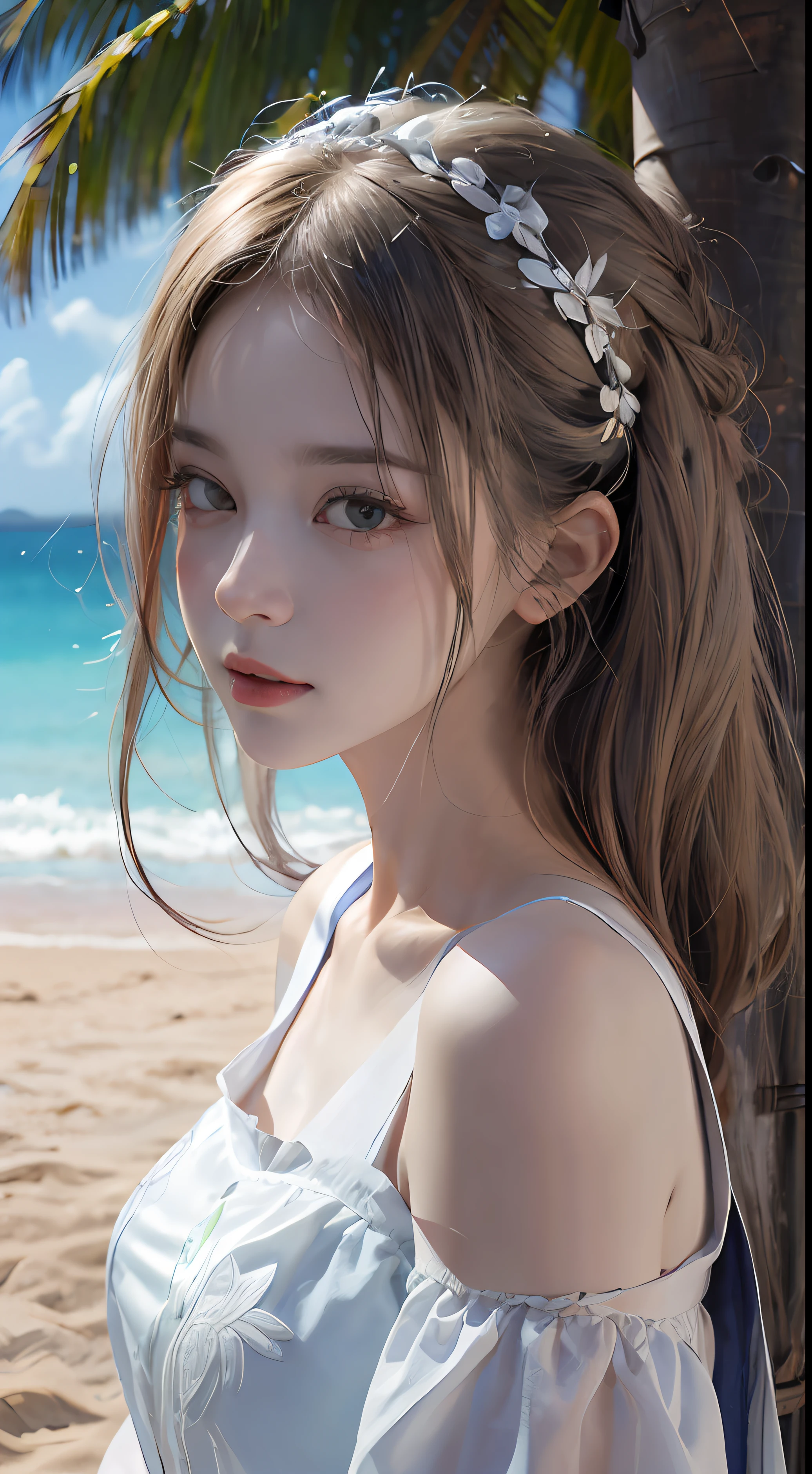 Tan・Tan，listen，(alone)，Realistic，picture of，detailed face，summer，beach side，sandy beach，Palm tree，cinematic lighting lamp light，cute face，Slap in the face，Extreme Detail CG Unity 8K Wallpaper，master piece，best image quality，delicate light and shadow，the image is very dramatic，cinematic lens effects，excellent rendering，Enough to stand out from the crowd。