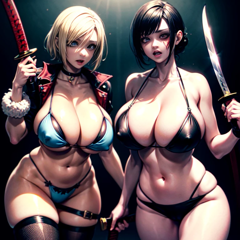 bikini string girl, Zombie Blood,Bikini girl surrounded by zombies, Bloodstained、Machetes、ax、camel toe、huge tit、nipple puff、cleavage、battle、horror、resident evil、Japanese sword、Big Sister Sword Fighting