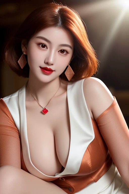 Beautiful Vietnamese woman with ivory white skin, overweight breasts, deep cleavage, flawless rosy complexion, 18 years old, jet black eyes, coppery orange hair, elegant, seductive eyes , voluptuous, almond-shaped eyes, arched eyebrows, triangle face, upturned nose, prominent cheekbones, plum gloss lipstick, bright smile, ruby pendant, ruby earrings, red linen blazer, low cut white silk blouse, khaki skirt, 8k, professional photo, detail, luxury, high fashion, portrait, vibrant colors, romantic lighting, dark eyes, sparkling sunlight