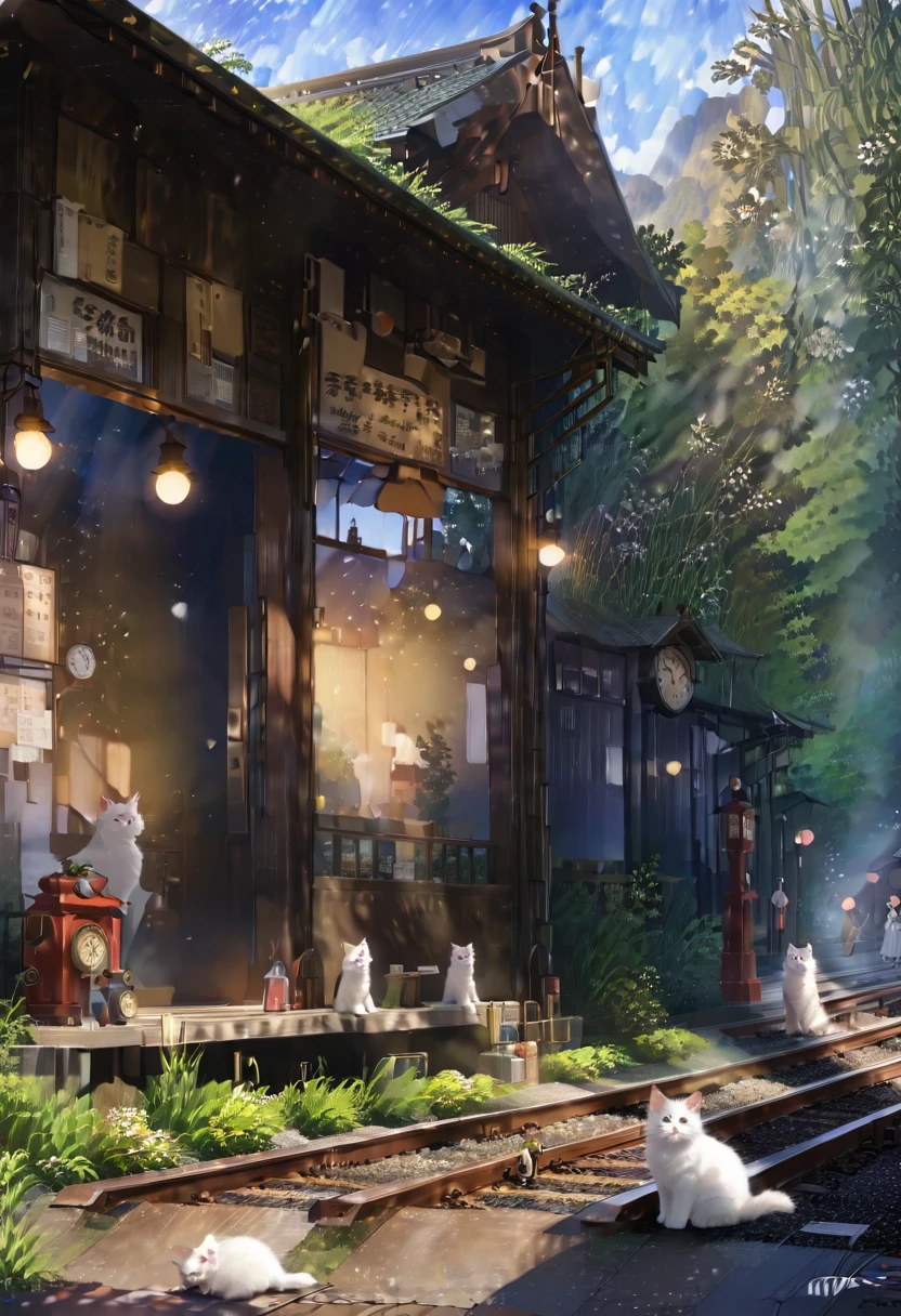 (8K、Raw photo、highest quality、look up:1.2、masterpiece:1.2、genuineistic、ultra high resolution、high contrast、photon mapping、genuine、Super detailed、official art, Raw photo、professional lighting、 light、Vivid atmosphere、twicelight) This scene is、It depicts an old wooden train station in the countryside exposed to the morning sun in spring.。The station building seems to have been forgotten, giving a sense of nostalgia.、There is silence and calm。 On the station platform、There is a girl and a white kitten。The white kitten sits under the door with the clock、Watching over the station premises。This scene is、Reminiscent of a rural Japanese town、The atmosphere is tranquil, as if it were located near a Japanese shrine.。 The girl's expression is young.々work、Delicate、I am embarking on a new journey amidst a station building and scenery that remind me of nostalgic memories.。A white kitten watches over the premises like a stationmaster.、It seems like they are celebrating the girl's departure to a new stage.。 This scene is、The beautiful scenery and tranquil atmosphere of the Japanese countryside are combined.、It will give the viewer a sense of comfort and warmth.