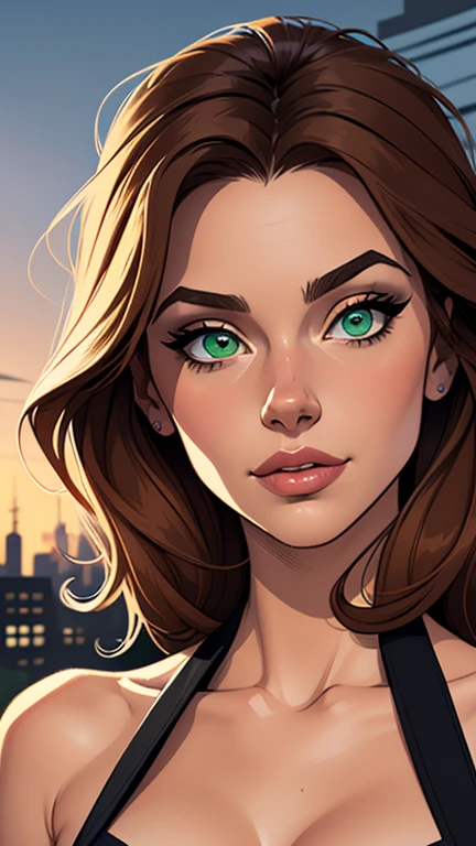 Imagem de desenho animado de uma mulher .cartoon style illustration, estilo de arte dos desenhos animados, estilo de arte dos desenhos animados, digital illustration style, design de personagens altamente detalhado, arte digital detalhada fofa, City fan art, Design de personagens de retrato, beautiful digital illustration, retrato de alta qualidade, Arte em quadrinhos, mulher jovem. Green eyes Medium busty and wonderful vandinha Adams