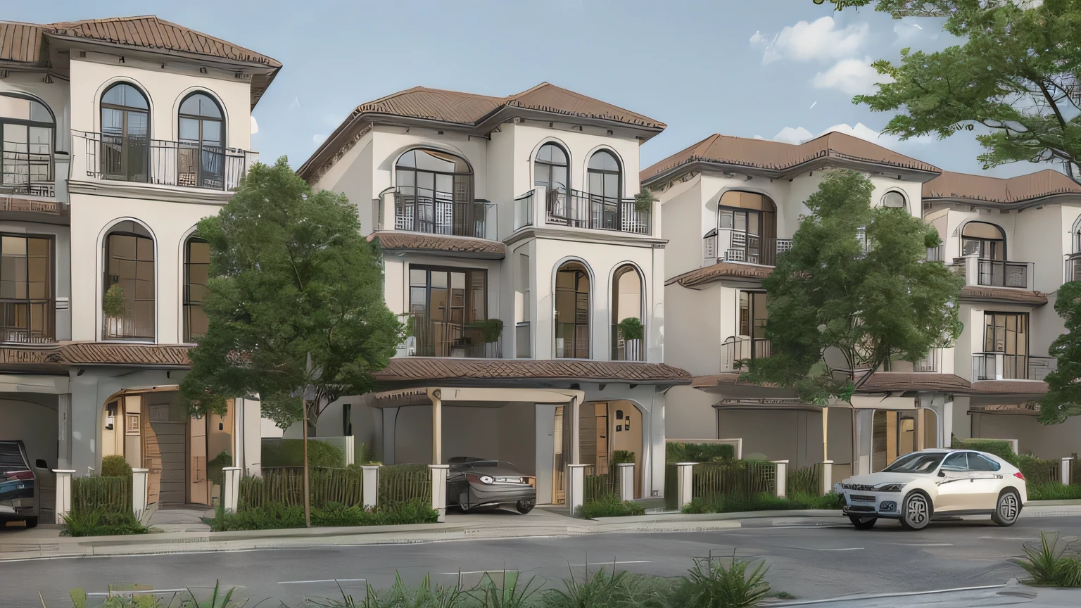 there are many cars parked in front of a row of houses, high quality rendering, inter dimensional villa, neo-classical, neo - classical, architectural rendering, quality rendering, cg rendering, high-quality render, villa, exterior design, architectural render, realistic cgi render, frontview, professional render, rendering, detailed rendering, 3 d photorealistic render, detailed image