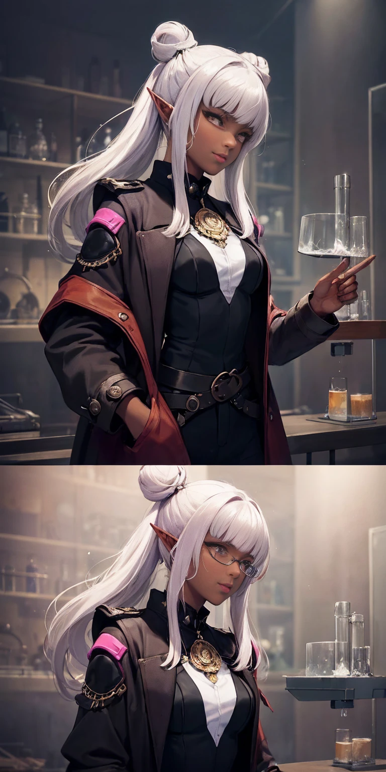 ((masterpiece )), (top quality), (best quality), ((ultra-detailed, 8k quality)), Aesthetics, Cinematic lighting, (detailed line art), Beautiful digital artwork, Exquisite digital illustration, absurdres, (best composition), BREAK, a female dark elf who is a scientist, (scientist clothes:1.2), (jacket lab, Coat:1.2), glasses, (steampunk style:1.1), (holding of shimmering blue sea crystals), (background of scientific laboratory, laboratory, filled with tubes, bottles, and equipment), SteamPunkAI, CogPunkAI, cell shading, cinematic dramatic atmosphere, high quality cell shaded illustration in Fantasy steampunk style by Yoji Shinkawa, detailed and intricate environment, artstation, concept art, fluid and sharp focus, dynamic angle, by ((Mikimoto Haruhiko)), BREAK, highly detailed of (dark elf), (1girl), perfect face, details eye, parted, sidelock, hairbun,blonde white hair, violet eyes, eyelashes, eyeshadow, pink eyeshadow, smile, design art by Mikimoto Haruhiko, by Kawacy, By Yoshitaka Amano, BREAK, ((perfect anatomy)), nice body, medium breast, (extremely detailed finger), best hands, perfect face, beautiful face, beautiful eyes, perfect eyes, (perfect fingers), correct anatomy, (Dark skin:1.2)