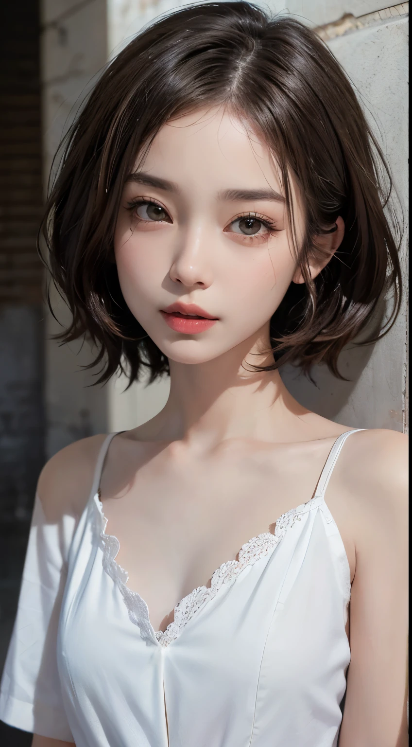 (masterpiece、highest quality、photogenuineistic、High resolution、photograph、:1.3)、close up shot、sharp focus、one brunette girl、30 year old mature woman、small face、no makeup、Highly detailed eyes and pupils、genuine skin、slim body shape、bust B cup、、cleavage、wet hair、short cut hair、dark brown hair、delicate face、sensual gaze、glossy lips、((Wearing Henry's Shirt))、The background is、gray wall、((genuine、Supergenuine、genuineism、authentic details))