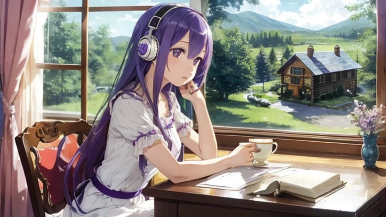 study,long hair, one girl,blue and purple hair,white dress earphones strawberry,Houseplants and flowers,high quality , Fluttering curtains,masterpiece、Depth of the bounds written,cinematic style,Using headphones, Anime-style 2D, lo-fi,log house,Sitting on a chair,bookshelf,in the forest,Barely,strawberry shortcake and tea
