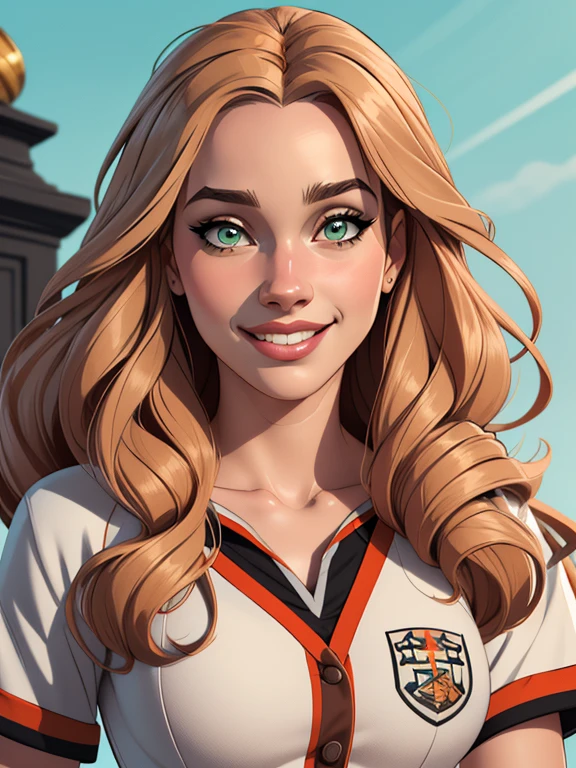 (estilo de desenho animado:1.2), Desenhos de (Hermione granger), Sorriso, olhos verdes perfeitos, rosto detalhado, fundo branco, pose divertida, olhar sedutor,Corpo inteiro usando o uniforme de sanserina, medium beautiful breasts and wonderful body Cartoon style digital illustration