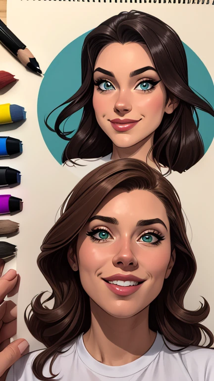 (estilo de desenho animado:1.2), [(lindas mulheres jovem no colegial ) desenho de vestindo um moletom folgado e oversized, grande sorriso, olhos perfeitos, rosto detalhado, fundo de festa, pose divertida, olhar sedutor, confete, Fundo Branco Simples olhos verdes cabelo preto