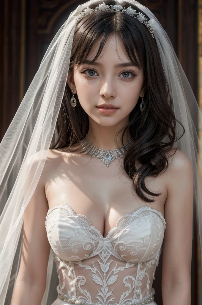 labios ligeramente abiertos, ligera sonrisa, (Masterpiece), best quality, highest quality, highly detailed CG unity 8k wallpaper, original, high resolution, (depth of field: 1.5), fidelity: 1.3, breasts, bride portrait style, 1 girl, curtains, veil , bridal veil, wedding dress, curtains, jewelry, solo, earrings, teeth, bride, black_hair