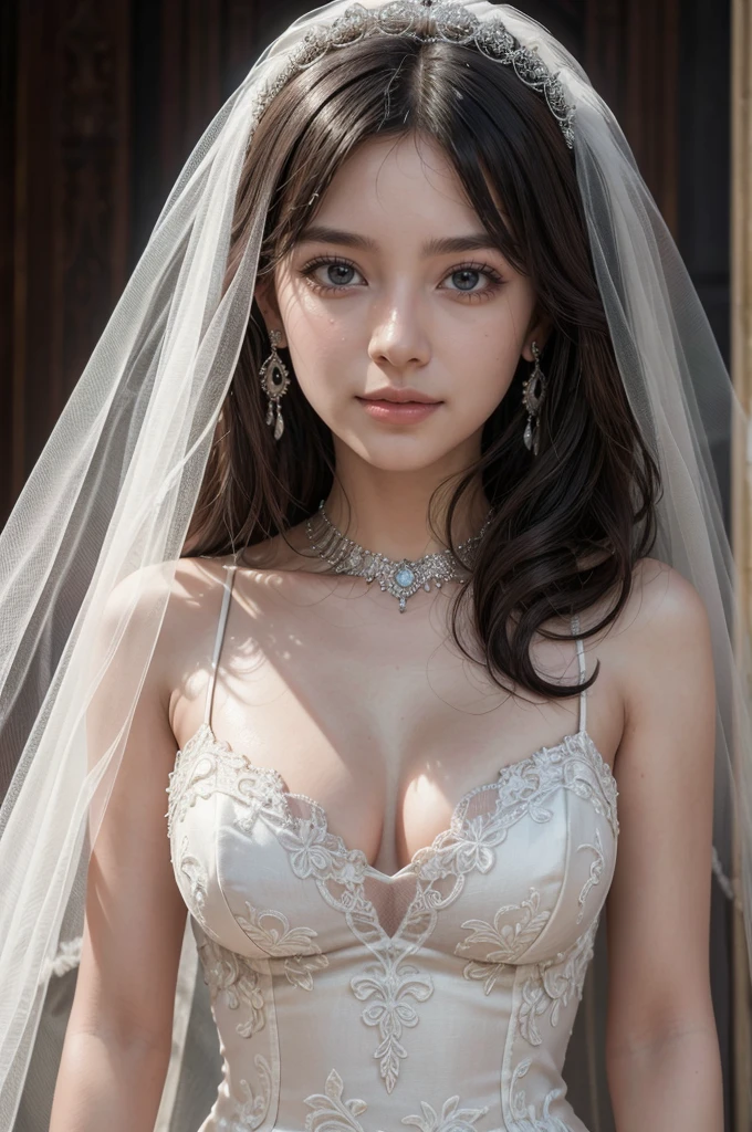 labios ligeramente abiertos, ligera sonrisa, (Masterpiece), best quality, highest quality, highly detailed CG unity 8k wallpaper, original, high resolution, (depth of field: 1.5), fidelity: 1.3, breasts, bride portrait style, 1 girl, curtains, veil , bridal veil, wedding dress, curtains, jewelry, solo, earrings, teeth, bride, black_hair