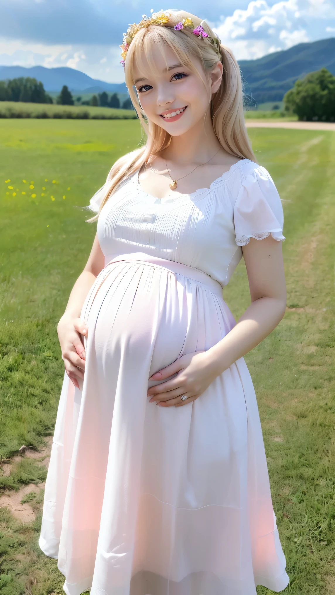 (highest quality、masterpiece、8K、best image quality、hyper realism、Award-winning work)、1 female、(alone:1.1)、(Girly Lolita T-shirt with white lace decoration:1.1)、(Very thin, sheer pink long skirt:1.1)、(Strongly blurred beautiful park background:1.1)、The most natural and perfect beautiful grass park、Perfectly maintained lawn park、beautiful sunlight filtering through the foliage、Tyndall effect、epic movie lighting、blurred background、(Standing gracefully:1.2)、(full body photo:1.1)、(emphasize body line:1.2)、(thick legs:1.2)、(glamorous body:1.1)、(big ass:1.2)、(big breasts:1.1)、(short height:1.2)、(Height: 140cm:1.2)、accurate anatomy、perfect makeup、long eyelashes、glossy lips、Ultra high definition glossy skin、(Ultra-high definition bright and beautiful skin:1.1)、超高精細のglossy lips、Super high definition beautiful teeth、(late pregnancy:1.2)