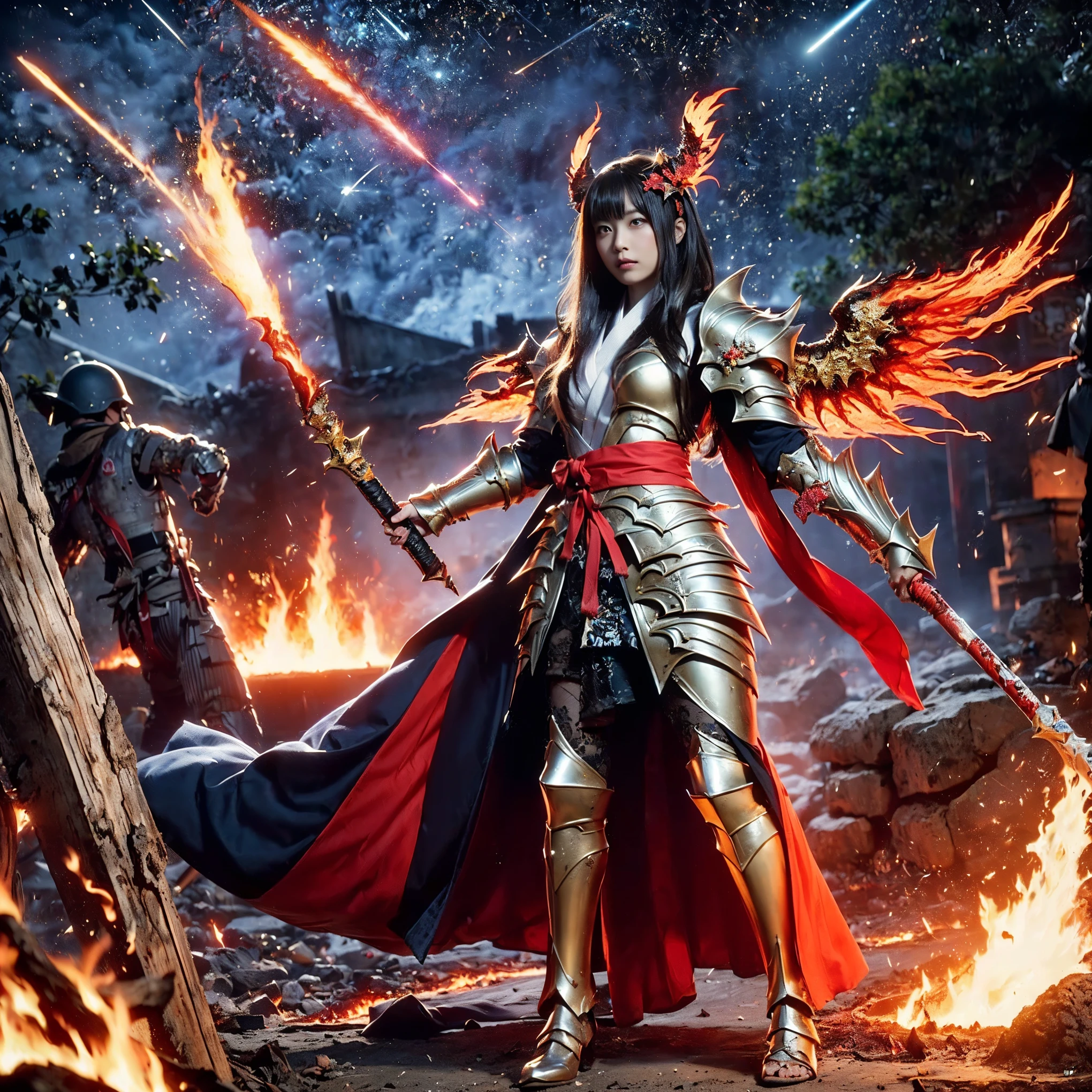 (((Realistic, masterpiece, best quality, crisp detail, high definition, high detail, very rich detail, sharp focus, sharp detail, colorful, rich color, perfect studio lightning))), ((20 years old, japanese goddess of hell, kasumi arimura)),(((in the middle of war, epic war scene))), wearing (((beautiful decorated golden heavy armor, phoenix armor, phoenix tails, decorated full body armor, fully armored beautiful kimono, wide colorful phoenix wings, blue aura))), (flying, floating, air attack stance, burning hands, holding fantasy weapon, blood scattered face, blood tears, blood bath, blood shed), (((fire everywhere, blood everywhere, death everywhere, japan bakumatsu period, dead bodies,carcass,burned japanese castle,hellish,chaos, hell fire, infernal molten lava land, erupting volcano, meteor shower)) burned traditional village background), shot from below