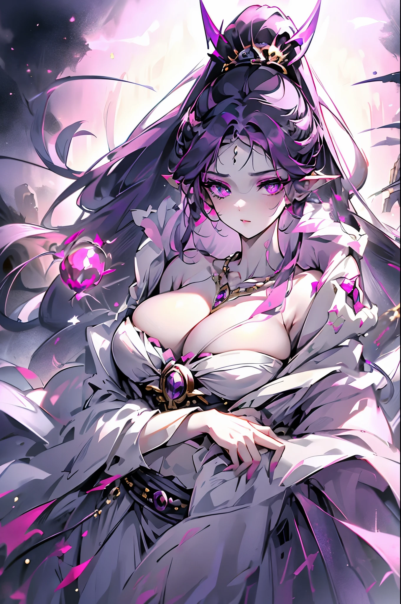 Vampire Queen Small Breast Combat Dress ( Radiant Royal Cloak: 1.1) Black and Purple Color Sexy Devil Aura Original Character Masterpiece Tempting Purple Eyes (Multicolor High Ponytail 1:1.2) Purple Gemstone Accessories Gold Belt, Gold Necklace, Wind Evil Effect, Soft Moonlight , extremely delicate beautiful eyes, unique crown, (Corruption Tattoo 1;1.25), naughty face, 16k, gorgeous, bare shoulders, cute, petite, solo , stars, stardust, (iridescent hair, colorful hair, half purple and half pink hair: 1.2), (left eye purple and right eye golden), wet body detailed, creative, charming, killing scenario, floating effect, magical, mythic, seducing, attractive, idol, league of legend design, bloody background, magical halo