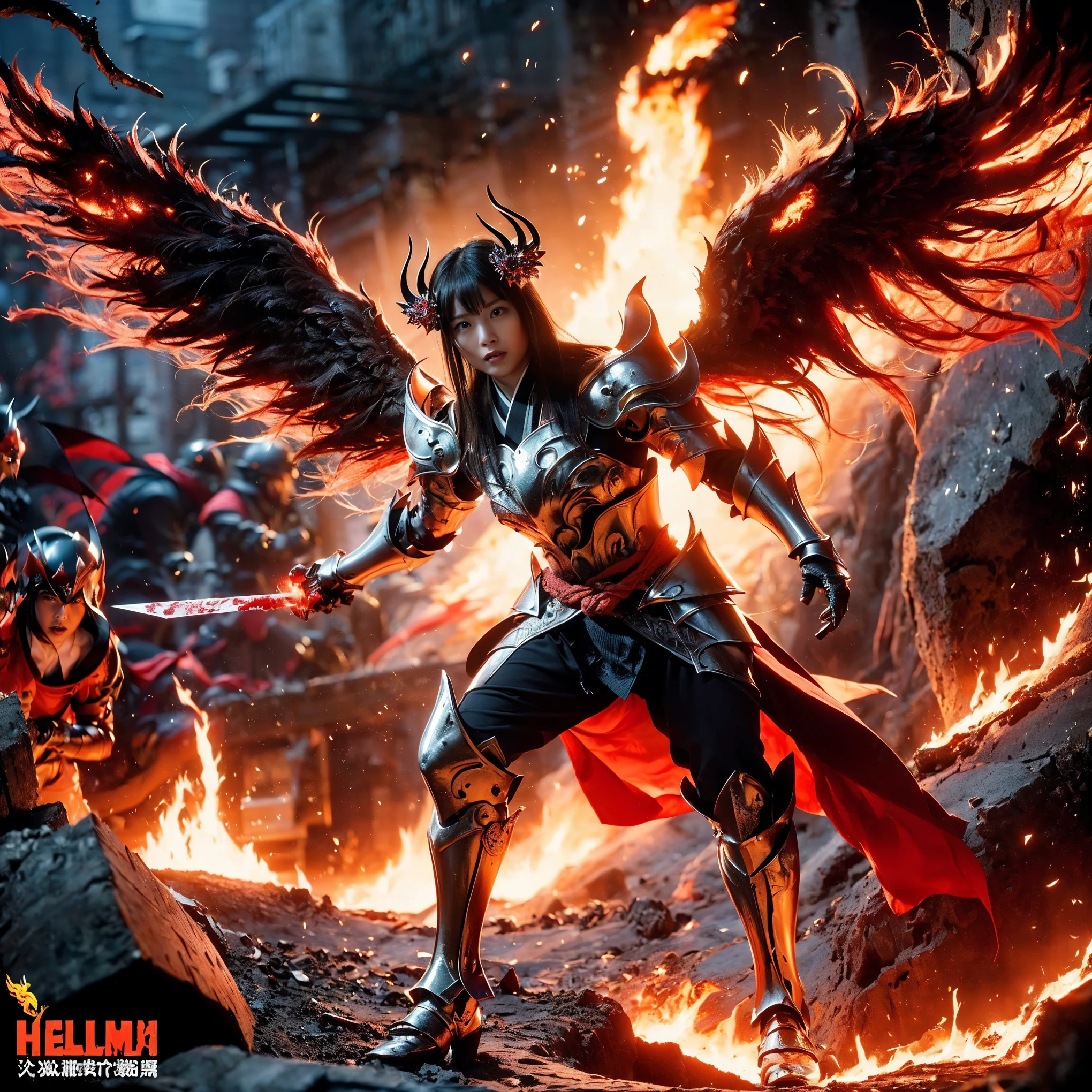 (((Realistic, masterpiece, best quality, crisp detail, high definition, high detail, very rich detail, sharp focus, sharp detail, colorful, rich color, perfect studio lightning))), ((20 years old, japanese goddess of hell, kasumi arimura)),(((in the middle of war, epic war scene))), wearing (((beautiful decorated golden heavy armor, phoenix armor, phoenix tails, decorated full body armor, fully armored beautiful kimono, wide colorful phoenix wings, blue aura))), (flying, floating, air attack stance, burning hands, holding fantasy weapon, blood scattered face, blood tears, blood bath, blood shed), (((fire everywhere, blood everywhere, death everywhere, japan bakumatsu period, dead bodies,carcass,burned japanese castle,hellish,chaos, hell fire, infernal molten lava land, erupting volcano)) burned traditional village background), shot from below