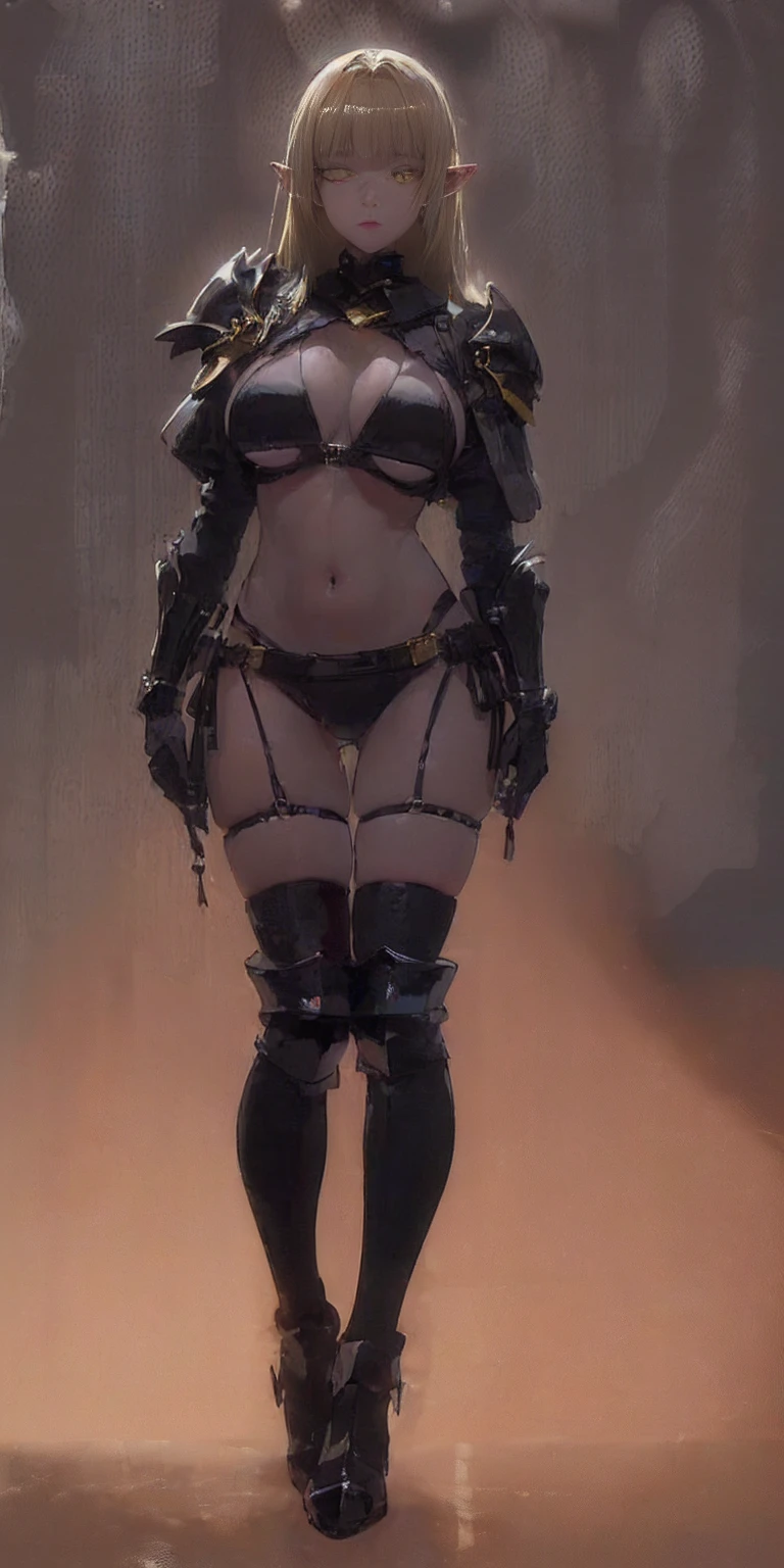 ((BLACK BACKGROUND1:2)) masterpiece, best quality, high quality, 1solo white SKIN elf, long hair, blonde hair, yellow eyes, full body, black bikini, looking at viewer, shiny, black thighhighs, high boots,shoulder armor, faulds, poleyn, gloves, gauntlets, FEET TOGETHER STANDING SYMMETRICAL, female elf big knockers bikini