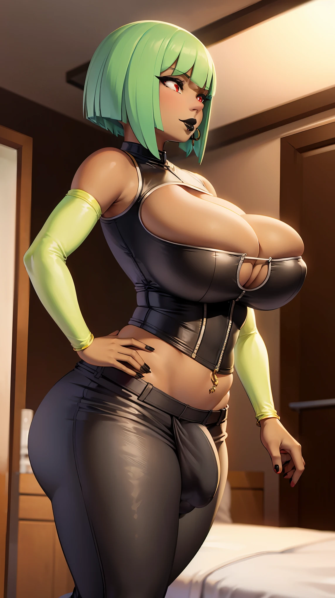 (solo:1.1),(masterpiece), (best quality:1.3), highly detailed, intricate, professional art, digital art, absurdres, confidant, emerald sustrai, futanari emerald sustrai wearing a green crop-top cleavage cutout detached sleeves and pants confidently posing with hand on hip indoors, pants, 1girl, solo, (dark skin:1.4), green hair, bob hair, gold hoop earrings, gold jewellery, ab lines, (gold navel piercing:1.1), detailed stomach, red eye colour, dark skin, small breasts, (aroused:1.2), (futanari:1.1), (wide hips:1.4), (makeup 1:1), beestung lips, (black lipstick:1.3), penis bulge, pants straps riding hips, (crotch bulge:1.4), crotch bulge, testicle bulge , furniture, side view, bubble butt, protruding butt, perky ass, gluteal crease, universal lighting
