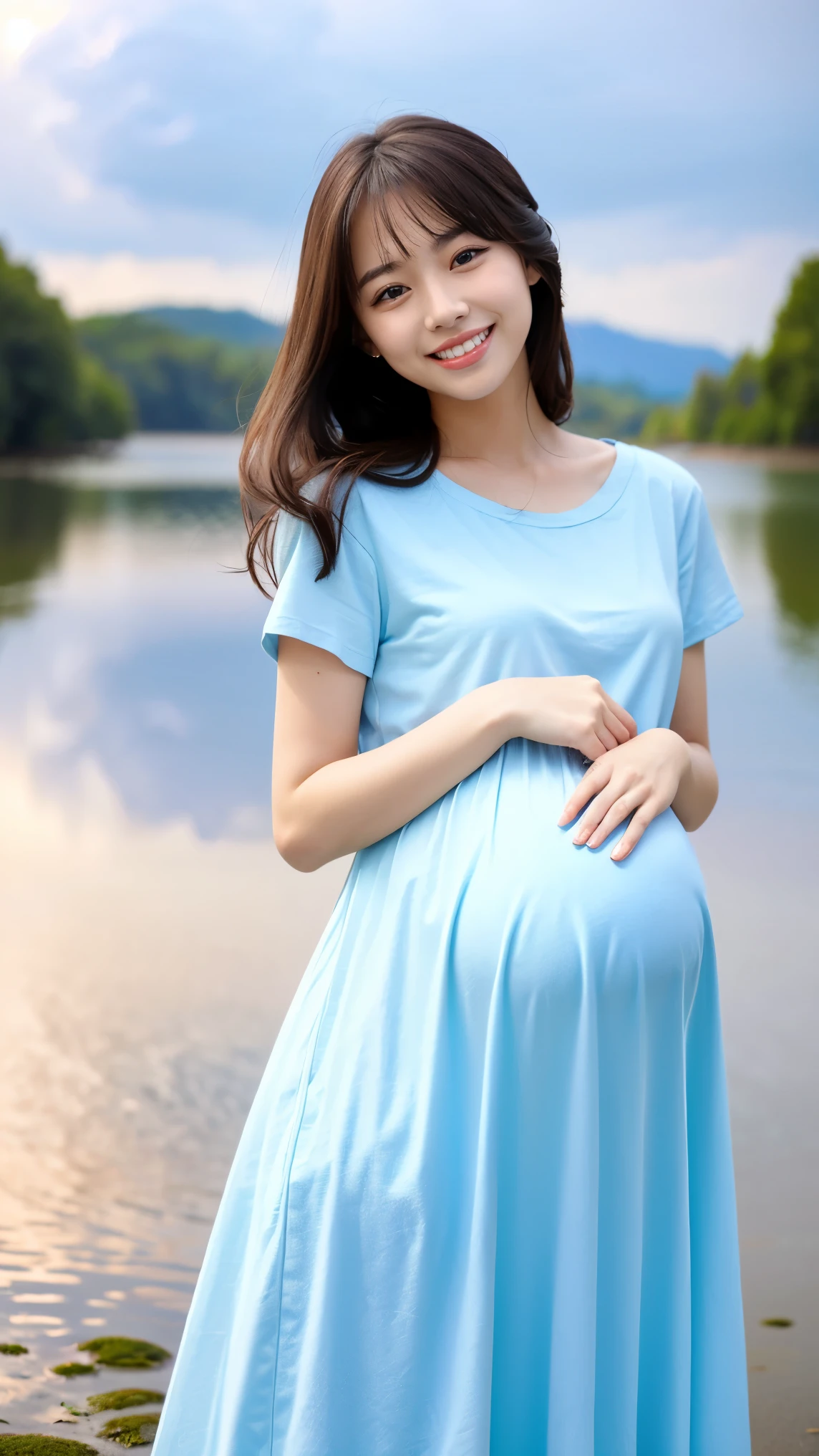 (highest quality、masterpiece、8K、best image quality、hyper realism、Award-winning work)、1 pregnant woman、(solo:1.1)、(1 photo:1.1)、(Height: 140cm:1.1)、(low length:1.1)、(****ta:1.1)、(Feminine and girly cute accessories:1.1)、(フェミニンでガーリーな可愛い****ta少女:1.1)、(Elegant pastel light blue T-shirt:1.1)、(Pastel light pink berry long flare skirt:1.1)、(late pregnancy:1.2)、Standing gracefully、(Random beautiful nature scenery background:1.1)、(Spectacular and mysterious scenery:1.1)、(beautiful clear sky:1.1)、(beautiful thunder clouds:1.1)、Full body photo of a woman standing gracefully with the biggest smile looking at me、accurate anatomy、perfect makeup、long eyelashes、glossy lips、Ultra high definition glossy skin、(Ultra-high definition bright and beautiful skin:1.1)、超高精細のglossy lips、Super high definition beautiful teeth