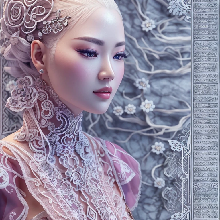 Character sheet, ultra-detailed complex 3d rendering with porcelain profile of Vietnamese character, maximalist beautiful studio soft light, rim lighting, vibrant details, lace, hyper-realistic, hand, facial muscles, electric wires, microchip, elegant, beautiful background, octane, H.R. style giger