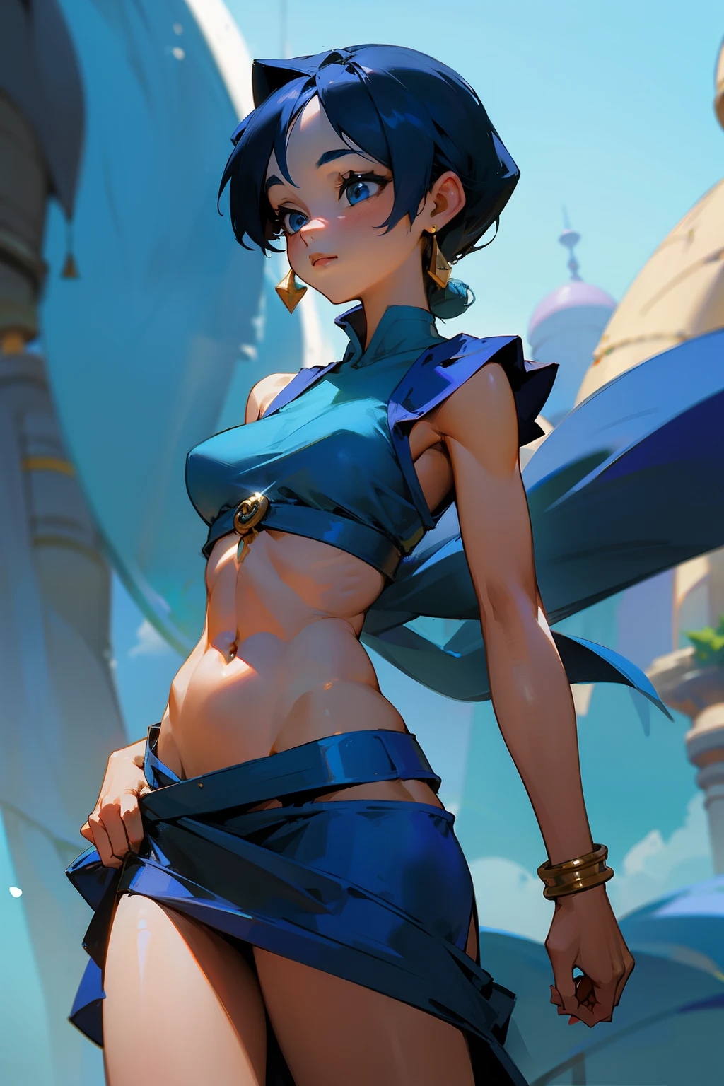 Girl, Aladdin's blue genie in the shape of a girl, medium-sized breasts, exposed stomach, short skirt,
