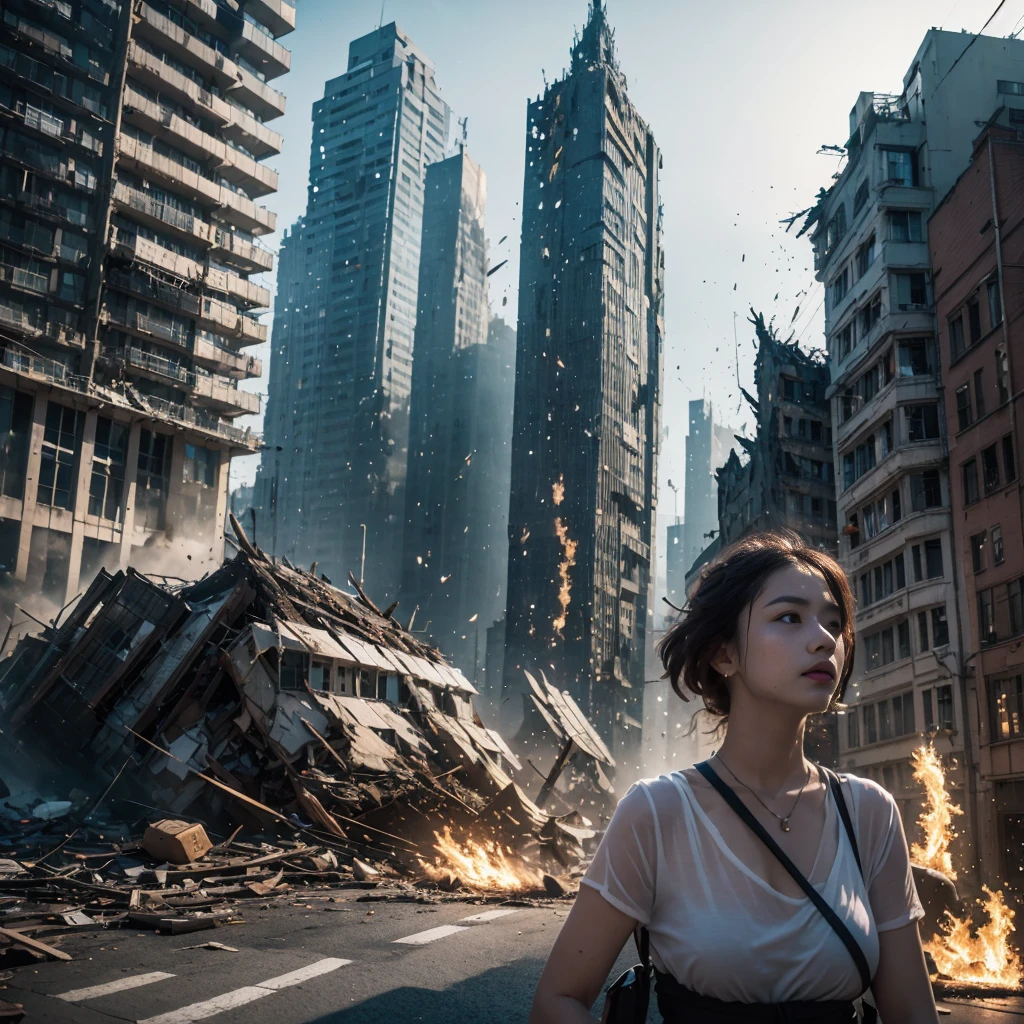 (highest quality、4k、8k、High resolution、master piece: 1.2)、Super detailed、(real、photorealistic、photorealistic: 1.37)、Destruction of a Great City、(A telekinetic woman stands in front of a spaceship controlled by the invaders:1.37) 、(Women are young and beautiful、18-year-old、unparalleled beauty:1.5)、Insert mental barriers to resist robot attacks、vibrant cityscape、Bright colors、Shining skyscrapers、busy street、Futuristic architecture and technology、Advanced holographic display、Neon light splashes 、dramatic lighting、intense shadow、Awe-inspiring power that exudes from women、Determination in His Eyes、An elegant flowing gown、Dynamic action in the wind、Reach out and rush towards the robot.、A powerful energy emanates from the hands、Blue glowing aura、sparks of electricity、electricity crackling in the air、A vortex of energy surrounding a woman、A fascinating and surreal atmosphere、A sense of danger and impending destruction、Background chaos and destruction、Crumbling buildings、flying debris、Smoke and flames、 The contrast between beauty and destruction、The war between technology and the extraordinary power of young women。
