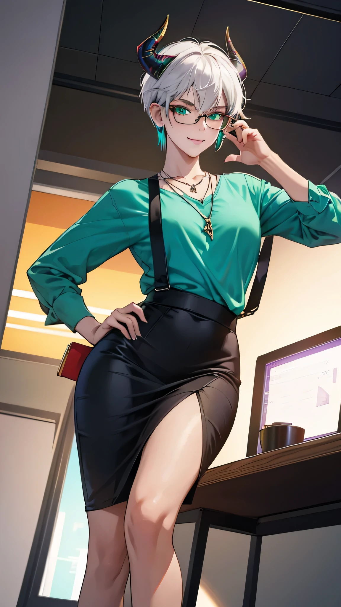 8k, masterpiece, best quality, highly detailed, 1girl, tiefling, multicolored hair, very short straight hair green highlight hair on white hair, strippled hair, wearing glasses, earrings, necklace, mole, glowing green eyes, glamorous , office clothes, high heels, office, purple and teal shirt, villainy, smirk, seductive pose, close up view, rings, looking at viewer, demon horns, standing, office lady, pencil, dossier, files.