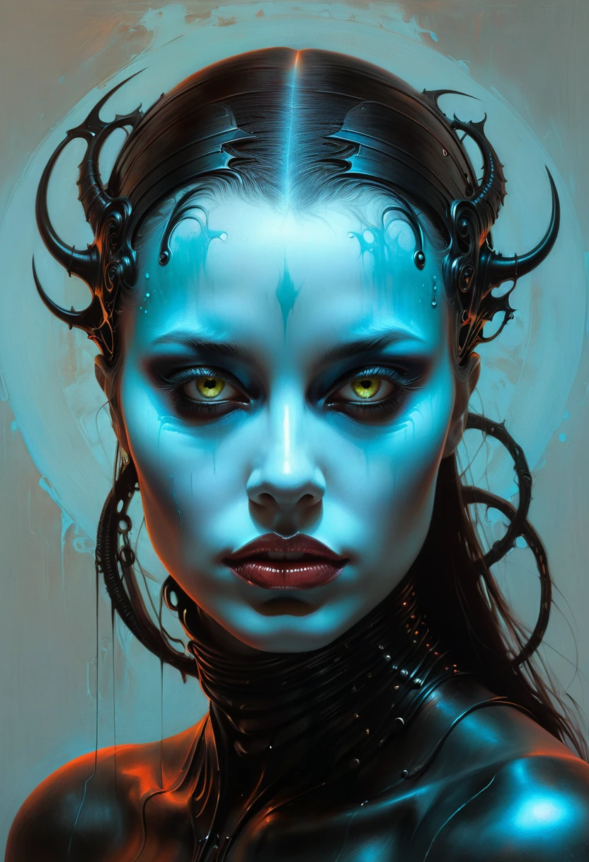Hr giger tattooed sexy seductive dead girl, perfect face, hyper detailed neon black eyes, full body portrait,