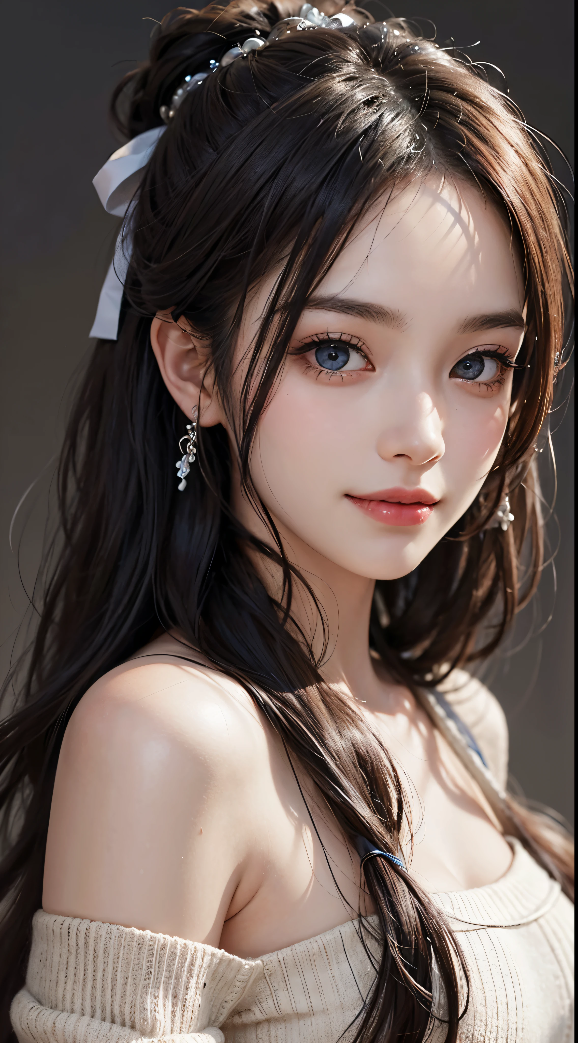 Around 20 years old、1 female、((white high neck sweater))tie long black hair back、beautiful face、detailed face、Beautiful woman with beautiful eyes and nose、slender body、extraordinary beauty、belly dance bar、fine eyes、realistic eyes、No makeup、8K image、super realistic face、Super high quality、laughter、cute smile、