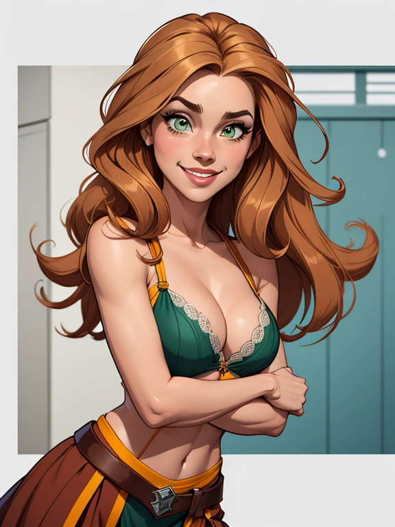 (estilo de desenho animado:1.2), Desenhos de (Hermione granger), Sorriso, olhos verdes perfeitos, rosto detalhado, fundo branco, pose divertida, olhar sedutor,Corpo inteiro usando o uniforme de sanserina, medium beautiful breasts and wonderful body Cartoon style digital illustration. Usando calcinha