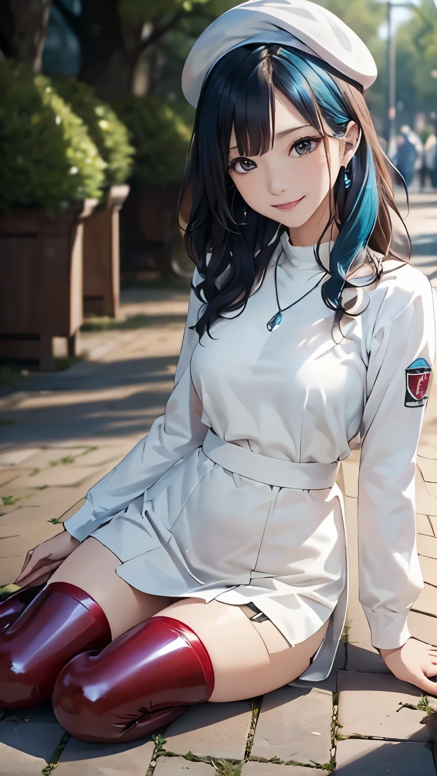((Biologically correct number of limbs))、(( from head to toe、Full body photo including face))、4K、((standing position))、masterpiece、((focus on the face))、((Symmetrical facial features))、Eyes with detailed description、Beautiful woman、outstanding style、beautiful arms、beautiful legs、beautiful hands、(small ass、thin thighs）、Detailed depiction of faces、small earrings、necklace、(White Latex Uniform、red latex skirt、high heels、stockings）、close up of face、smile、The background is the park in the morning、beret、blue-silver hair